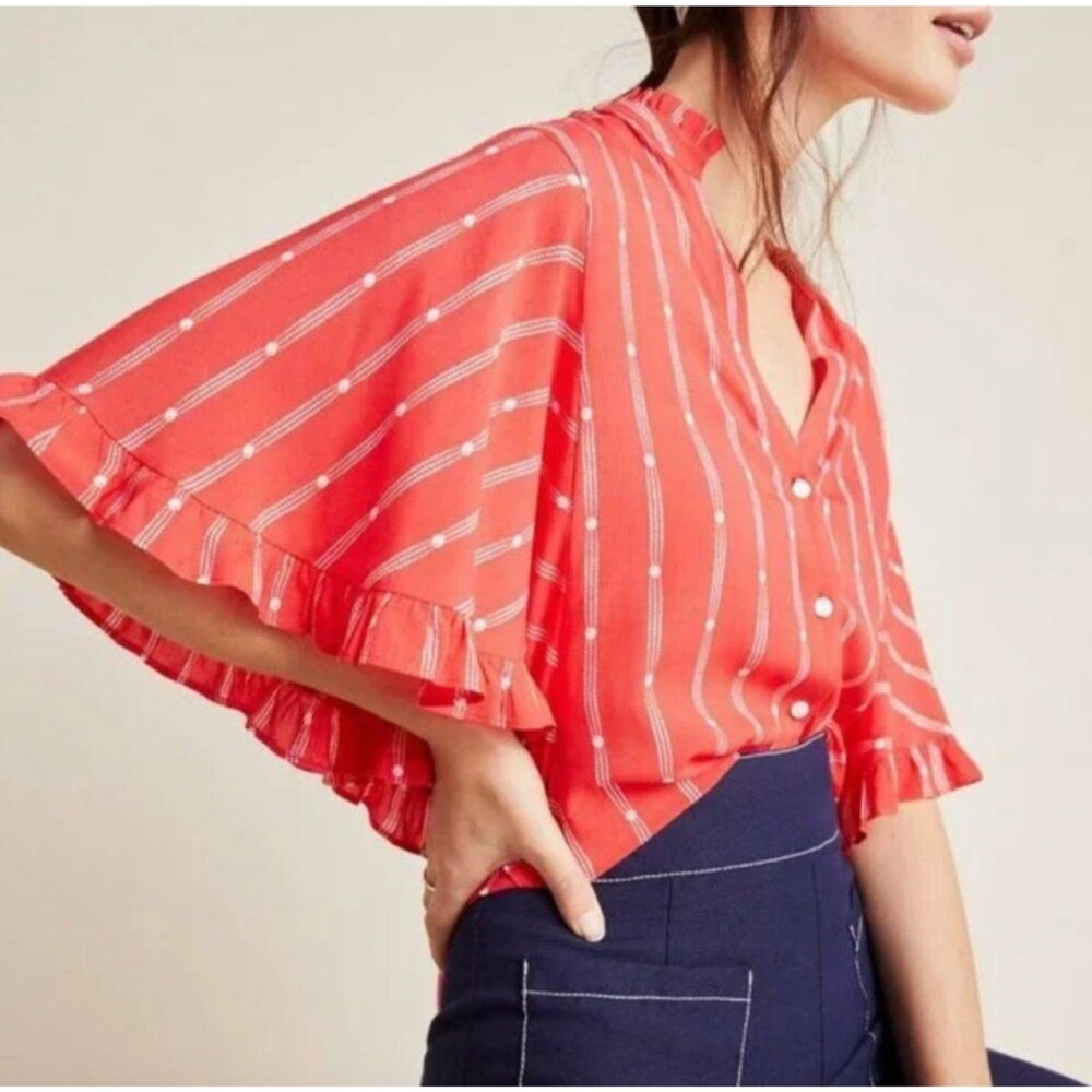 Anthropologie Maeve Aveiro Flutter Sleeve Button Down V Neck Blouse Size Large